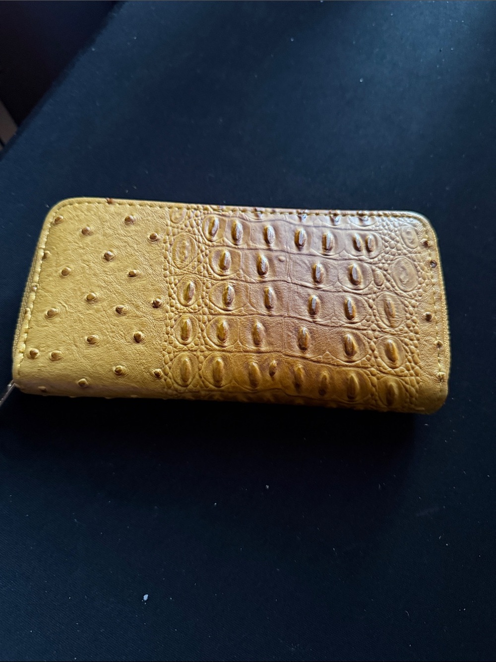 Ostrich & Croc-Embossed Zip Card Wallet in Mustard Yellow